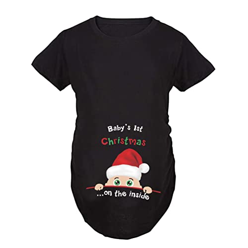 JOYU Baby's 1st Christmas Damen Umstands-Top Merry Christmas Lustiger Druck Seite gerafft Schwangerschaft T-Shirts, Schwarz, kurze Ärmel, Large von JOYU