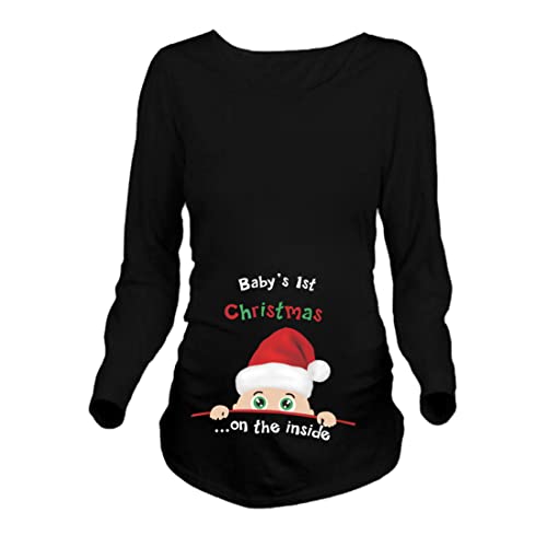 JOYU Baby's 1st Christmas Damen Umstands-Top Merry Christmas Lustiger Aufdruck Seite gerüschte Schwangerschaft T-Shirts, Schwarz, lange Ärmel, Small von JOYU