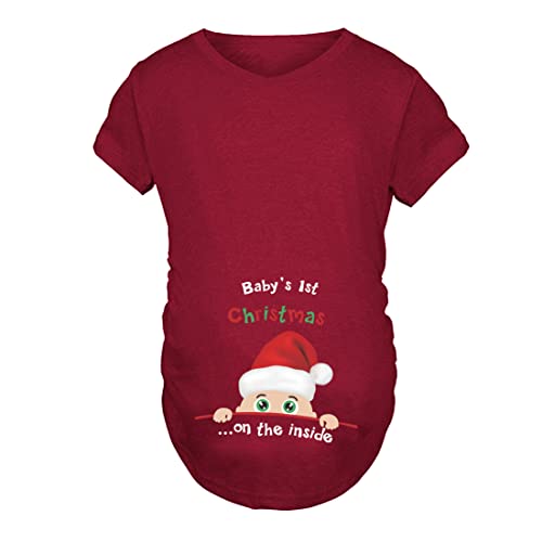 JOYU Baby's 1st Christmas Damen Umstands-Top Merry Christmas Lustiger Druck Seite gerafft Schwangerschaft T-Shirts, Weinrot, kurze Ärmel, Large von JOYU