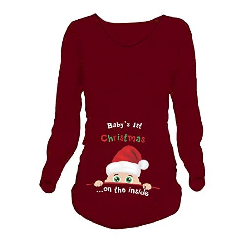 JOYU Baby's 1st Christmas Damen Umstands-Top Merry Christmas Lustiger Druck Seite gerafft Schwangerschaft T-Shirts, Weinrot, lange Ärmel, M von JOYU