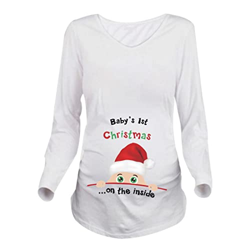 JOYU Baby's 1st Christmas Damen Umstands-Top Merry Christmas Lustiger Druck Seite gerafft Schwangerschaft T-Shirts, Weiß, lange Ärmel, M von JOYU