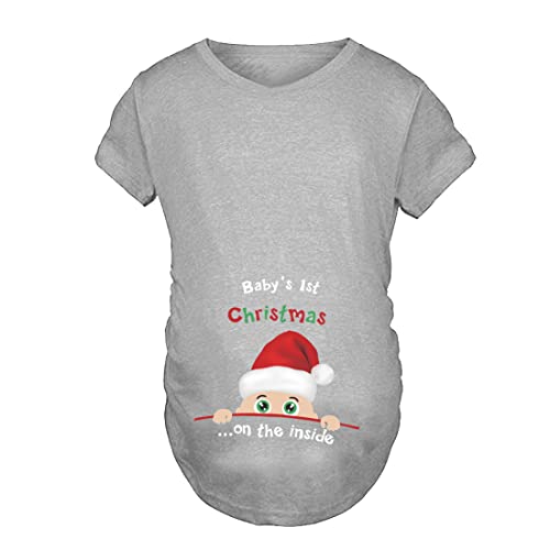 JOYU Kurzärmeliges Baby's 1st Christmas Damen Umstands-Tops, lustiger Druck, seitlich gerüscht, Schwangerschafts-T-Shirts, Grau, L, Grau, kurze Ärmel von JOYU