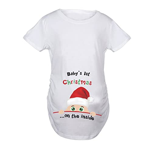 JOYU Kurzärmeliges Baby's 1st Christmas Damen Umstands-Tops, lustiger Druck, seitlich gerüscht, Schwangerschafts-T-Shirts, Weiß, Größe M, Weiß, kurze Ärmel von JOYU