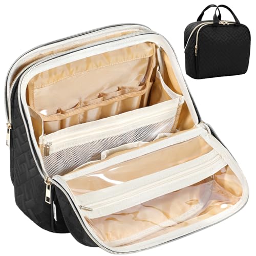 JOYYTUU Make-up-Tasche, großes Fassungsvermögen mit Platz für Pinsel und Spiegel, Reise-Make-up-Organizer, tragbare Make-up-Tasche, wasserdichte Kosmetiktasche mit Griff, Farbe: Schwarz, Schwarz, von JOYYTUU