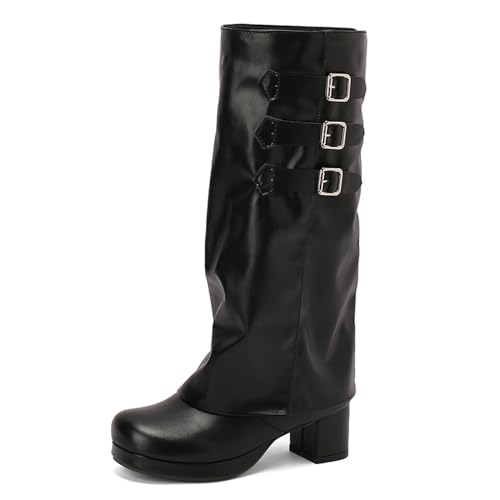 JOZHAMTA Damen Kniehohe Stiefel Chunky Heel Fold Over Motorradstiefel Plateau Blockabsatz mit Schnalle Shark Boots, Schwarz 1, 39.5 EU JOZHAMTA Damen Kniehohe Stiefel Chunky Heel Fold Over Motorradstiefel Plateau Blockabsatz mit Schnalle Shark Boots, Schwarz 1, 39.5 EU von JOZHAMTA