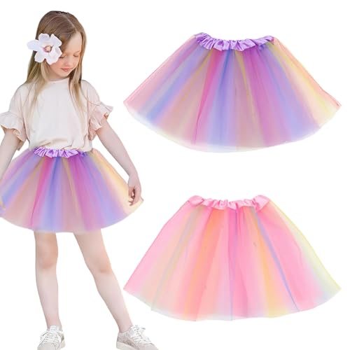 JOZMMZEOOA 2 Stück Tütü Damen Tüllrock Minirock Kinder Regenbogen Rock Damen Tüllrock Lagen Ballettrock Mädchen Bunt Kinder Prinzessin Tanzkleid Mädchen Klassischer Stilvoll Geburtstagsfeier Feier(A) von JOZMMZEOOA