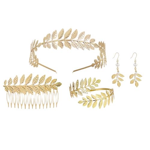 JOZMMZEOOA 4 Stücke Griechische Göttin Kostüm Accessoires,Gold Griechische Göttin Schmuck Kostüm Griechische Göttin Accessoires Verstellbar Lorbeerkranz Kopfschmuck Perlenohrringe Haarkamm Armbinde von JOZMMZEOOA