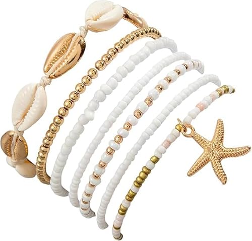 JOZMMZEOOA Muschelarmband 7 Stück Muschelarmband Bohemian-Stil Muschel Armband Damen Mehrschichtige Stapelbare Schmuckaccessoires für Frauen Und Mädchen Muschelarmband von JOZMMZEOOA