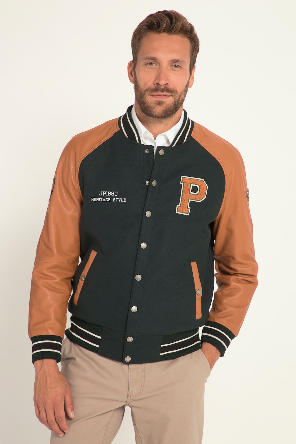 Große Größen Collegejacke, Herren, grau, Größe: 3XL, Polyester/Leder/Baumwolle, JP1880 von JP1880