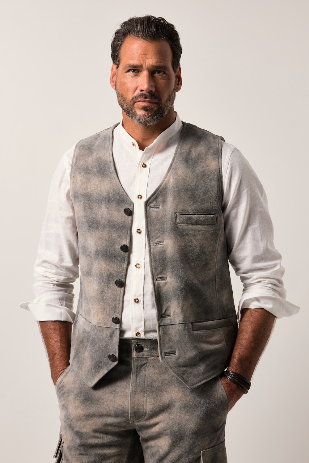 Große Größen JP1880 Leder-Weste, Herren, grau, Größe: 54, Polyester/Baumwolle/Leder, JP1880 von JP1880