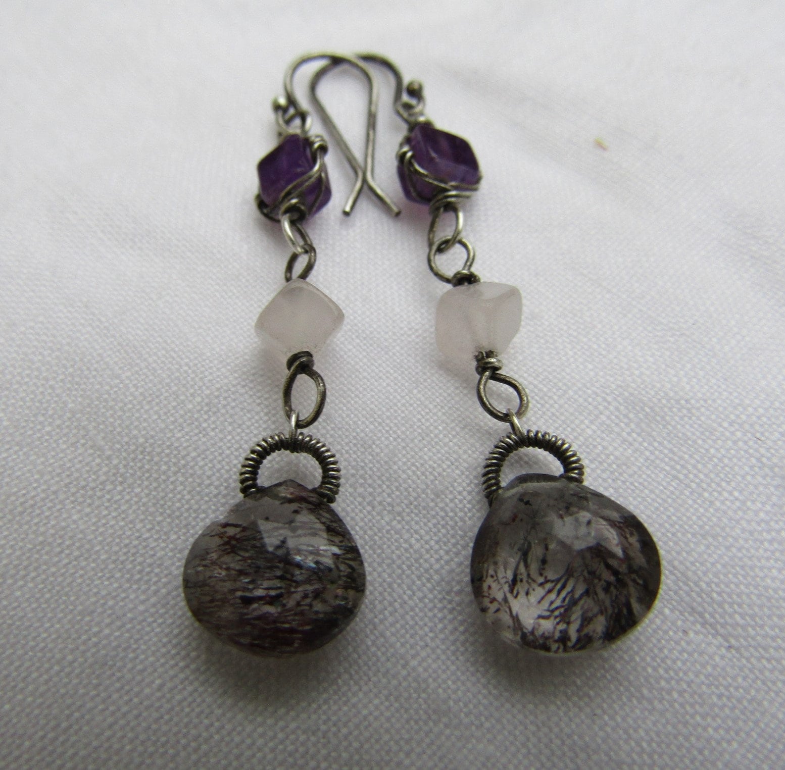 Oxidierte Sterling Silber Ohrringe, Moos Amethyst, Rosenquarz, Amethyst von JPGemJewels