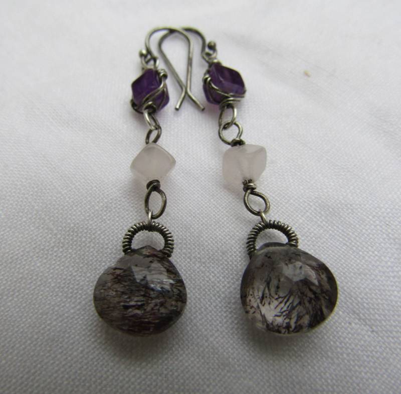 Oxidierte Sterling Silber Ohrringe, Moos Amethyst, Rosenquarz, Amethyst von JPGemJewels