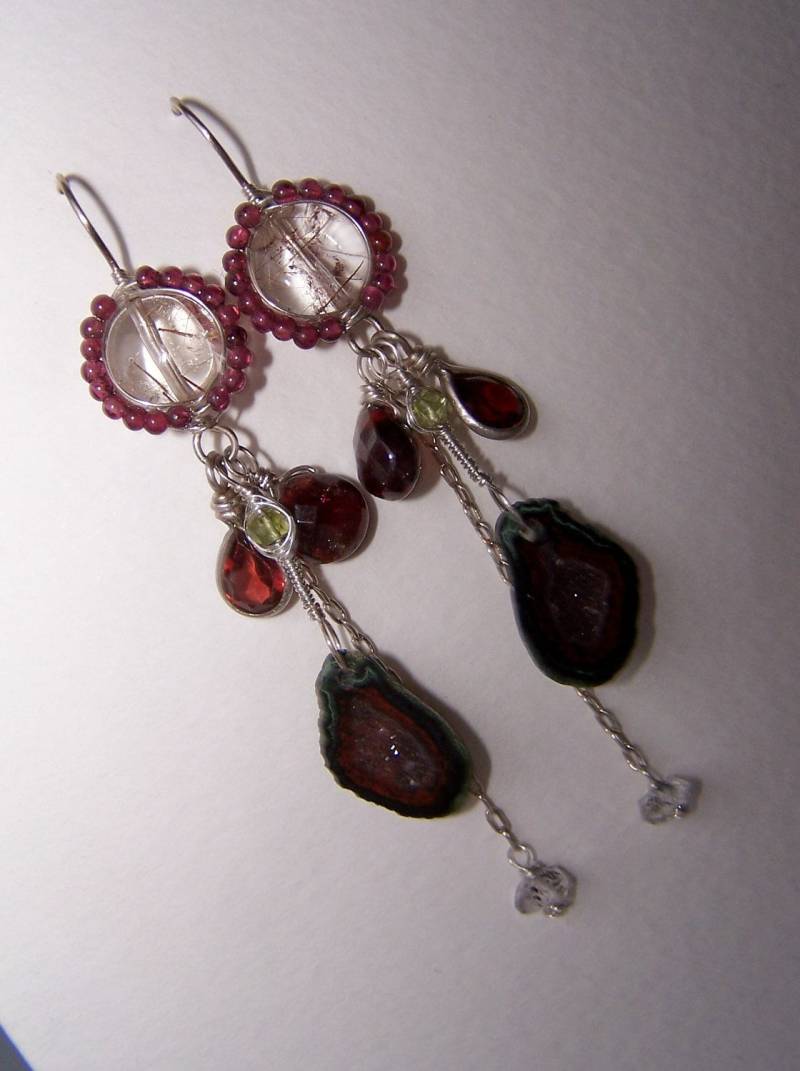 Rutilquarz, Tabasco Geode Druzy, Herkimer Diamant, Granat, 925 Sterling Silber Draht Gewickelt, Ohrhaken von JPGemJewels