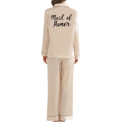 JPHCHSC Damen Braut Satin Langarm Pyjama Brautjungfern Pyjamas Set Braut Maid of Honor Mother Sister Sleepwear Zweiteiliger PJ Set für Hochzeit Party Pajama Party von JPHCHSC