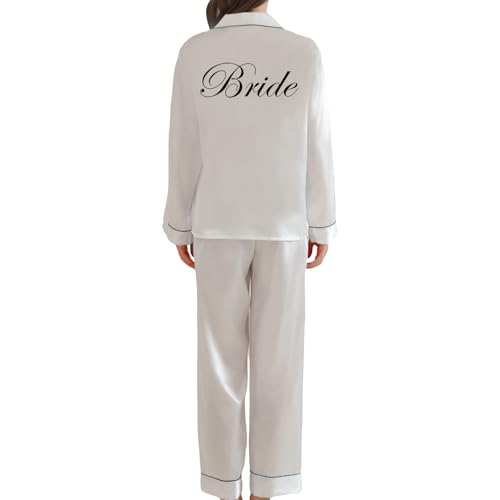 JPHCHSC Damen Braut Satin Langarm Pyjama Brautjungfern Pyjamas Set Braut Maid of Honor Mother Sister Sleepwear Zweiteiliger PJ Set für Hochzeit Party Pajama Party von JPHCHSC