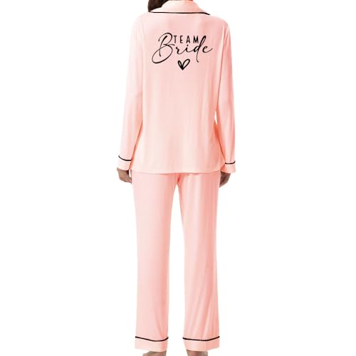JPHCHSC Damen JGA Zweiteiliger Pjs Sets Bachelorette Party Satin Langarm Pyjama Set Braut Schlafanzug mit Knopfleiste JGA Seide Nachtwäsches Brautjungfer Satin Pyjama Sets 59 von JPHCHSC