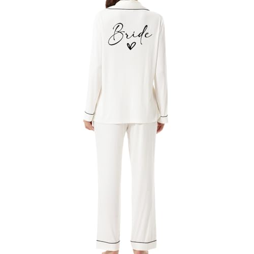 JPHCHSC Damen JGA Zweiteiliger Pjs Sets Bachelorette Party Satin Langarm Pyjama Set Braut Schlafanzug mit Knopfleiste JGA Seide Nachtwäsches Brautjungfer Satin Pyjama Sets 59 von JPHCHSC