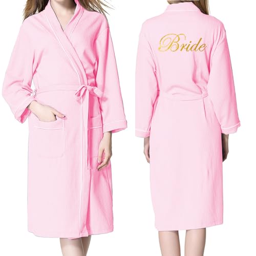 JPHCHSC Hochzeit Bademantel Damen Morgenmantel Waffel Lange Ärmeln Nachtwäsche Braut Kimono Schlafanzug mit Tiefer V-Ausschnitt mit Taschen von JPHCHSC