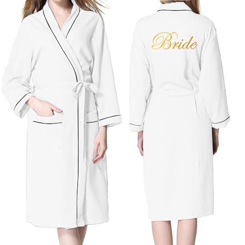 JPHCHSC Hochzeit Bademantel Damen Morgenmantel Waffel Lange Ärmeln Nachtwäsche Braut Kimono Schlafanzug mit Tiefer V-Ausschnitt mit Taschen von JPHCHSC