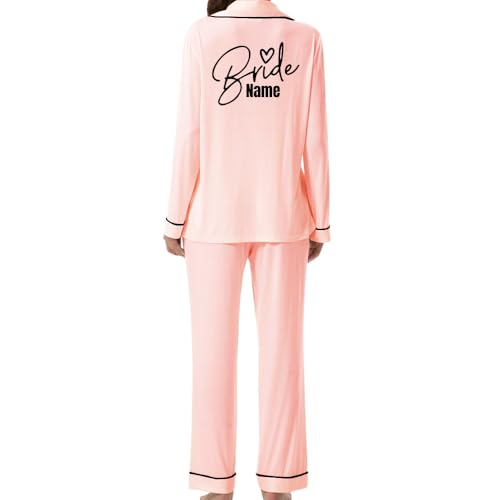 JPHCHSC Personalisierter Name Satin Pyjama Damen Lange Ärmel Schlafanzug mit Knopf Frauen Seide Nachtwäsche V-Ausschnitt Zweiteiliger Pjs Sets Hausanzug 08 von JPHCHSC