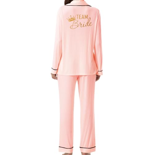 JPHCHSC Team Braut Bride JGA Zweiteiliger Pjs Sets Hen Party Satin Pyjama Set Braut Schlafanzug mit Knopfleiste Brautjungfer Seide Nachtwäsche 61 von JPHCHSC