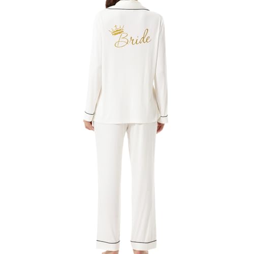 JPHCHSC Team Braut Bride JGA Zweiteiliger Pjs Sets Hen Party Satin Pyjama Set Braut Schlafanzug mit Knopfleiste Brautjungfer Seide Nachtwäsche 61 von JPHCHSC