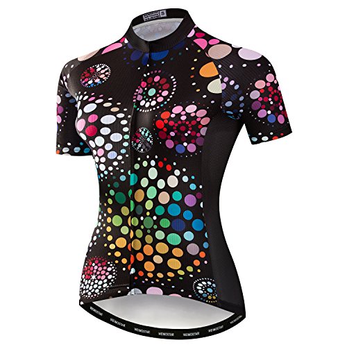 Damen Radfahren Kurzarm Jersey Fahrrad Kleidung Blumen Jacke mit großem reflektierendem Band, Schwarze Punkte, Klein von JPOJPO