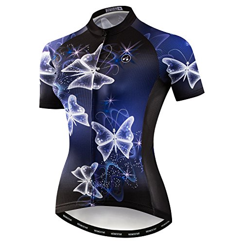 Damen Radfahren Kurzarm Jersey Fahrrad Kleidung Blumen Jacke mit großem reflektierendem Band, blau mit schmetterlingen, X-Groß von JPOJPO
