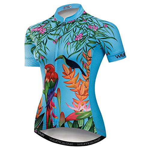 Damen Radtrikot Kurzarm atmungsaktiv mit Taschen Blume, Blauer Vogel, Large von JPOJPO