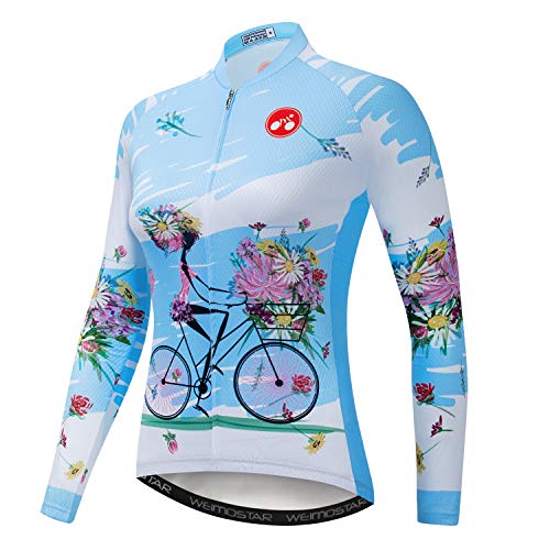 Damen-Radtrikot mit langen Ärmeln, Blumen, Team, Fahrradbekleidung, blau, X-Groß von JPOJPO