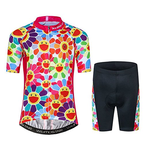 Fahrradtrikot für Kinder, kurzärmelig, Cartoon-Rennrad, Mountainbike, Trikot, Set/Top/Short für Mädchen und Jungen, atmungsaktiv, Blume, X-Large von JPOJPO