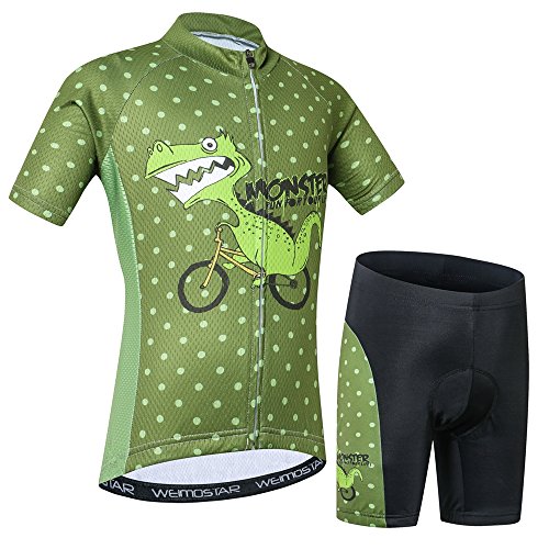 Fahrradtrikot für Kinder, kurzärmelig, Cartoon-Rennrad, Mountainbike, Trikot, Set/Top/Short für Mädchen und Jungen, atmungsaktiv, Dinosaurier (Grün), M von JPOJPO