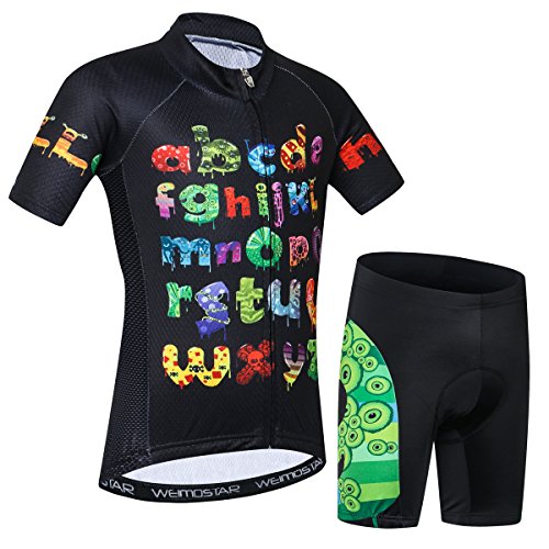 Fahrradtrikot für Kinder, kurzärmelig, Cartoon-Rennrad, Mountainbike, Trikot, Set/Top/Short für Mädchen und Jungen, atmungsaktiv, Schwarz, Medium von JPOJPO