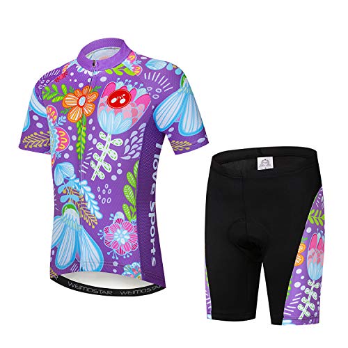 Fahrradtrikot für Kinder, kurzärmelig, Cartoon-Rennrad, Mountainbike, Trikot, Set/Top/Short für Mädchen und Jungen, atmungsaktiv, Violette Blume, M von JPOJPO