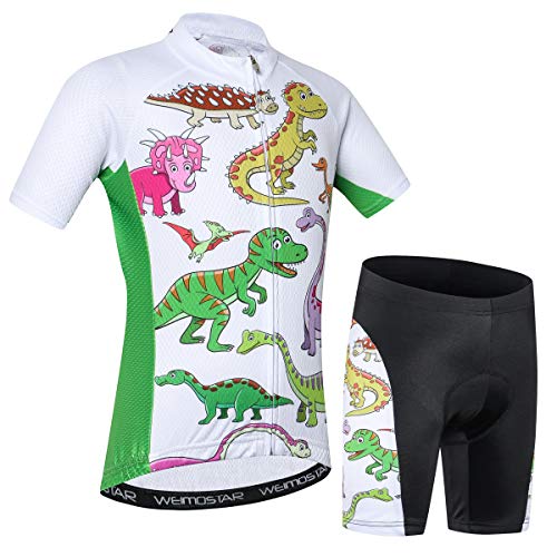 Fahrradtrikot für Kinder, kurzärmelig, Cartoon-Rennrad-Trikot, Set/Top/Shorts, für Mädchen und Jungen, atmungsaktiv, Weißer Dinosaurier, Klein von JPOJPO