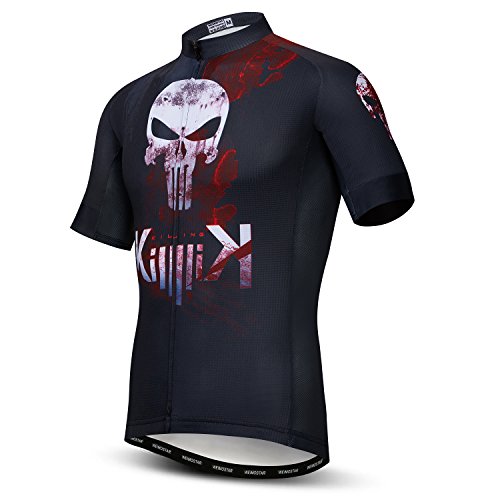 Herren Radtrikot Kurzarm Mountainbike Shirt MTB Top Reißverschlusstasche Reflektierender Totenkopf, a11, XL von JPOJPO