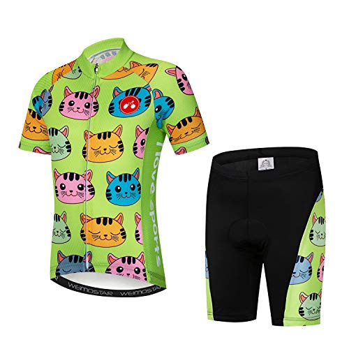 Radtrikot für Kinder, kurzärmelig, Cartoon-Rennrad-Trikot-Set/Top/Short für Mädchen und Jungen, atmungsaktiv, Grüne Katze, XX-Large von JPOJPO