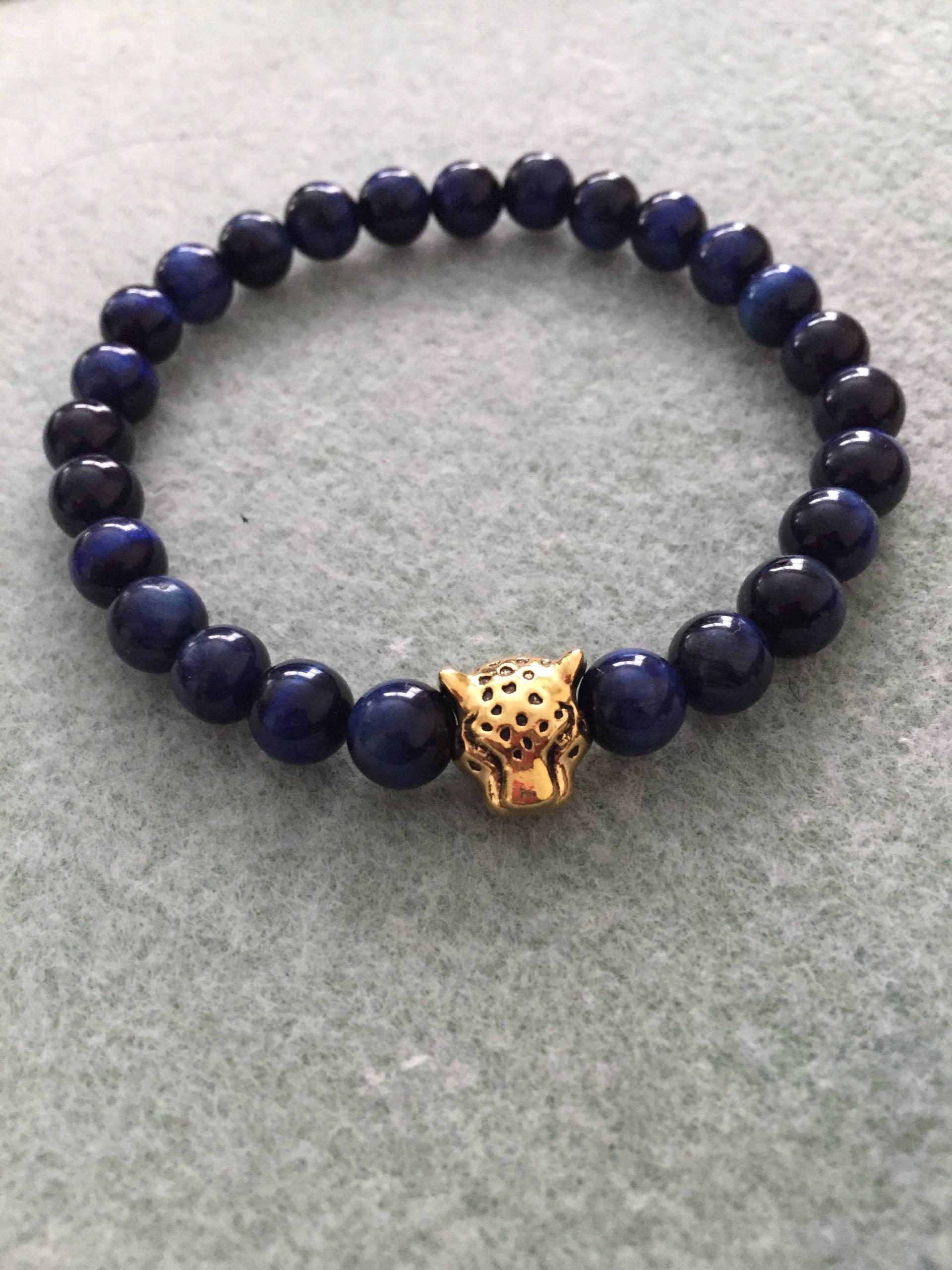 Naturstein Blauer Lapis Lazuli Tigerauge Mit Leopardenkopf Armband von JPSJDESIGNS