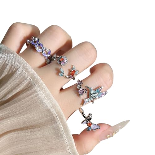 JPSSJGYH Bohemian Floral Emaille-Ring, verstellbare zierliche Blumenringe, Boho-Emaille-Stapelschmuck für Frauen (4pcs) von JPSSJGYH