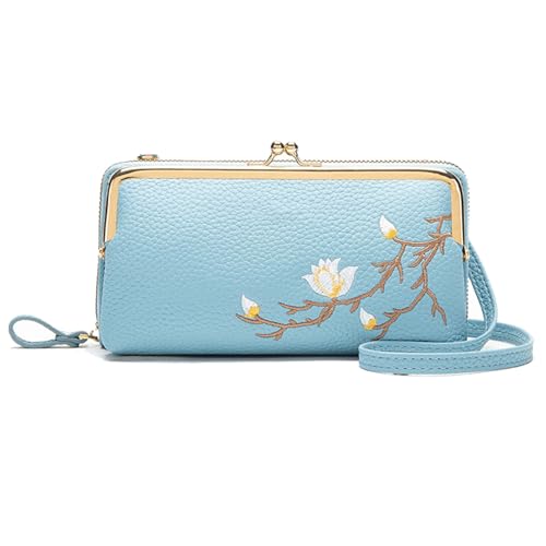 JPSSJGYH Damen-Umhängetasche mit Handyhalterung, Leder-Umhängetasche mit verstellbarem Riemen, leichte Geldbörse mit Blumenstickerei (Blue) von JPSSJGYH