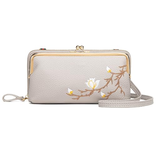 JPSSJGYH Damen-Umhängetasche mit Handyhalterung, Leder-Umhängetasche mit verstellbarem Riemen, leichte Geldbörse mit Blumenstickerei (Gray) von JPSSJGYH