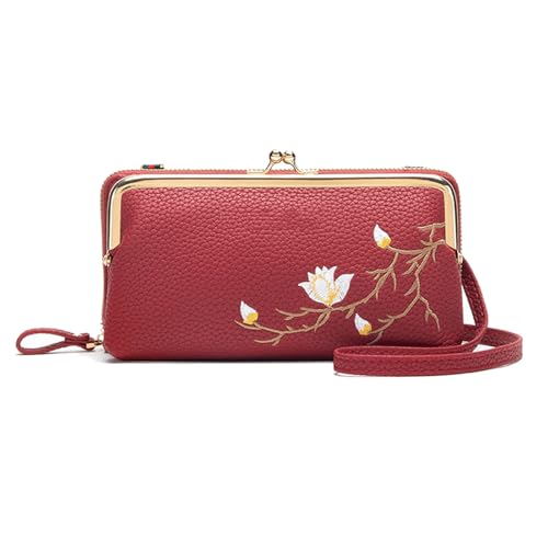 JPSSJGYH Damen-Umhängetasche mit Handyhalterung, Leder-Umhängetasche mit verstellbarem Riemen, leichte Geldbörse mit Blumenstickerei (Red) von JPSSJGYH
