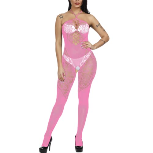 JPXJGT Damen Spitze Strümpfe Dessous Floral Fischnetz Bodys Tragen Full Bodystocking Lingerie Lace Teddy Underwear (Color:Pale Pink,Size:One Size) von JPXJGT