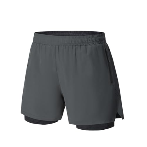 JPXJGT Men's 2 In 1 Running Training Sport Shorts Quick Dry Zip Side Pocket Gym Fitness Basketball (Gray,L) von JPXJGT