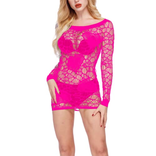 JPXJGT Women's Mini Dresses Bodystocking Fishnet Babydoll Bodysuit Sexy Seamless Cut Out Sleepwear Lingerie(Color:Pink,Size:One Size) von JPXJGT