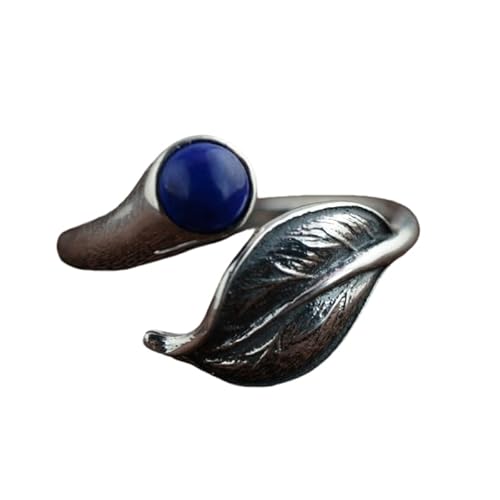 Damen Sterling Silber Silber Offene verstellbare Ringe, Retro Distressed Blatt eingelegtes Rundlapis Lazuli Band Schmuck für Eternität Versprechen Hochzeitsfinger Circlet Geschenk von JPXXFM