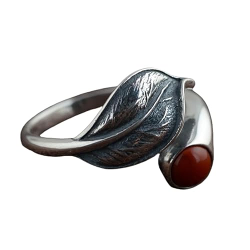 Damen Sterling Silber Silber Offene verstellbare Ringe, Retro Distressed Leaf eingelegtes rundes südrotes Achat Band Schmuck für Eternität Versprechen Hochzeitsfinger Circlet Geschenk von JPXXFM