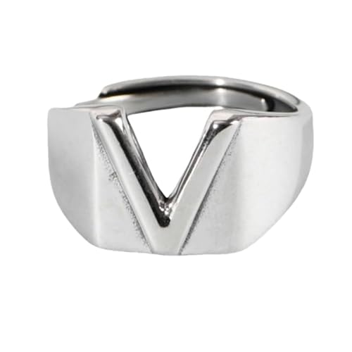 Damen Sterling Silber Silber Simple Open Pensionable Ringe, Retro Distressed 26 Initialen Brief V Band Schmuck für Hochzeit Eternity Promise Party Finger Circlet Geschenk von JPXXFM