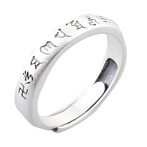 Damen Sterling Silber Silber Simple Open verstellbare Ringe, Retro Distressed tibetaner Sechs-Wort-Mantra-Band Schmuck für Hochzeit Eternität Versprechen Finger Circlet Geschenk von JPXXFM