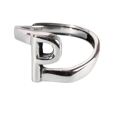 Frauen Sterling Silber Silber Simple Open verstellbare Ringe, Retro Distressed 26 Initialen Brief P Band Schmuck für Hochzeit Eternity Promise Party Finger Circlet Geschenk von JPXXFM